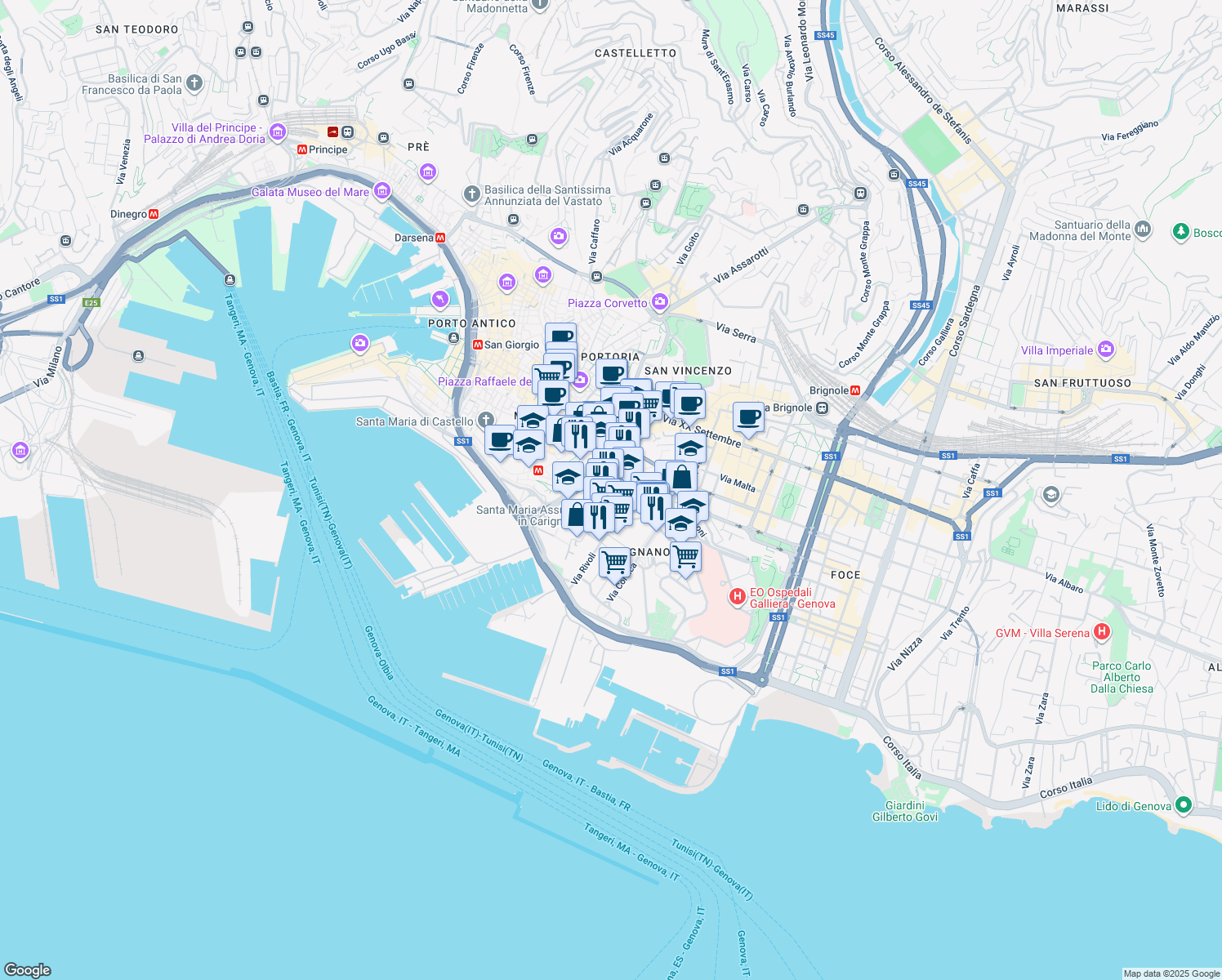 map of restaurants, bars, coffee shops, grocery stores, and more near 18 Via Fieschi in Genova