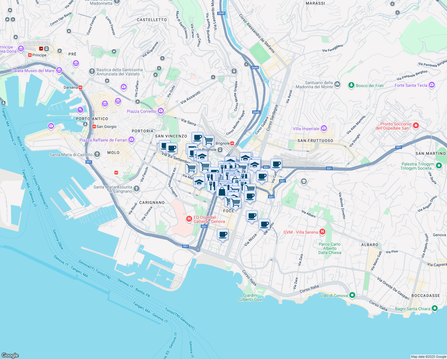 map of restaurants, bars, coffee shops, grocery stores, and more near 10 Viale Brigata Bisagno in Genova