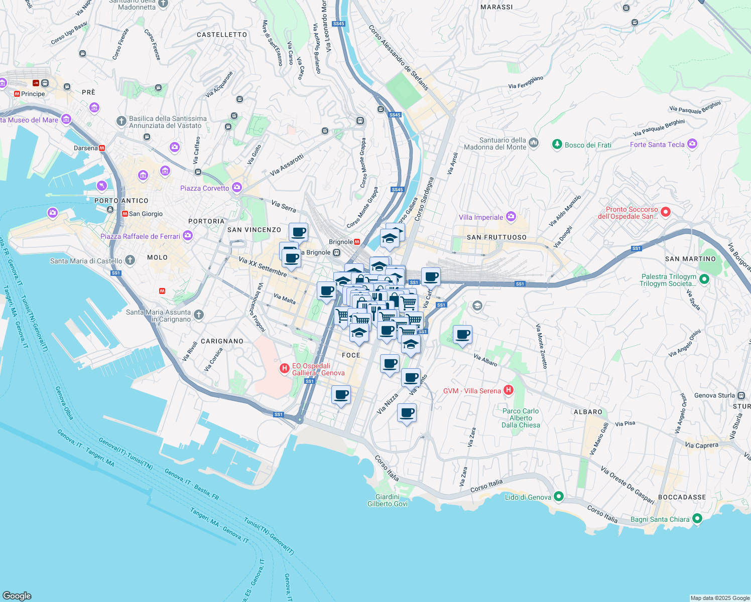 map of restaurants, bars, coffee shops, grocery stores, and more near 2A Passo Antiochia in Genova
