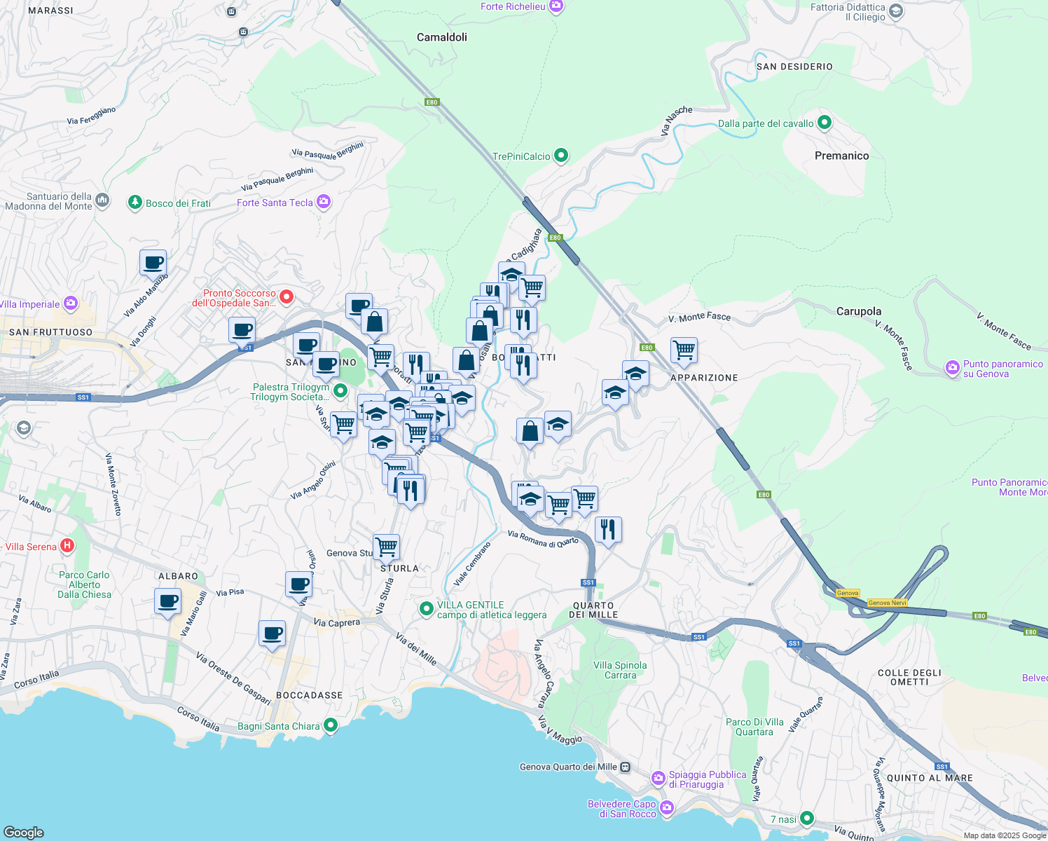 map of restaurants, bars, coffee shops, grocery stores, and more near 84 Via Giulio Tanini in Genova