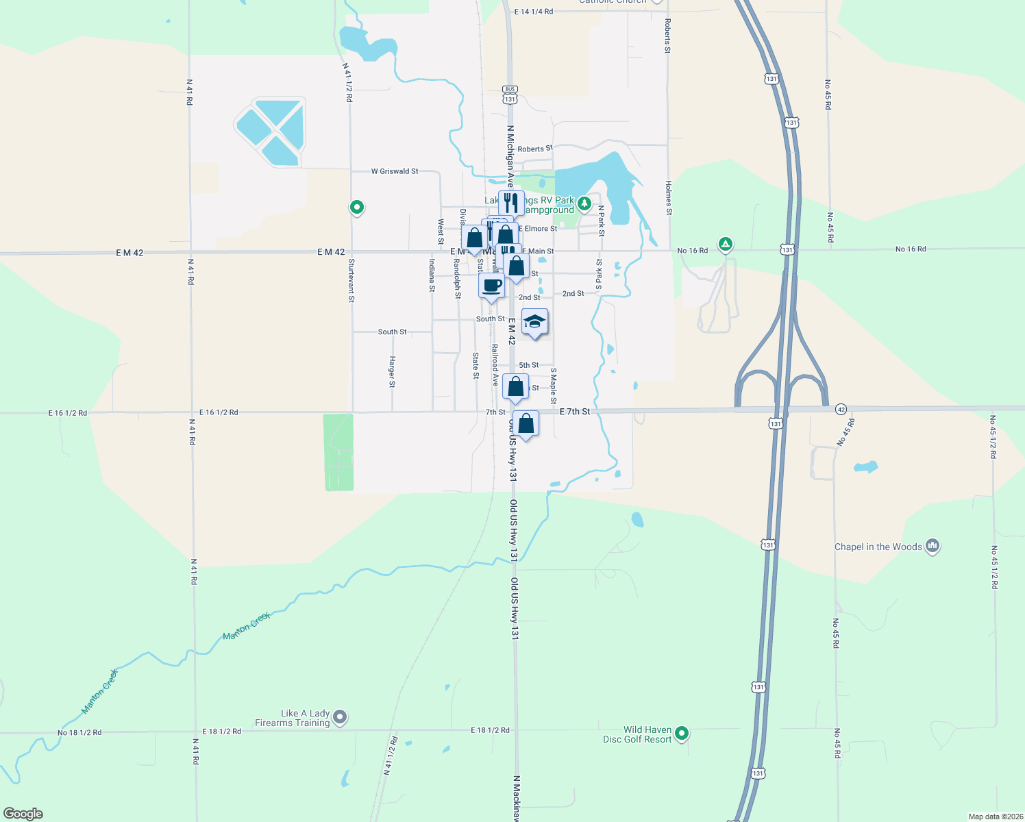 map of restaurants, bars, coffee shops, grocery stores, and more near 799 South Michigan Avenue in Manton