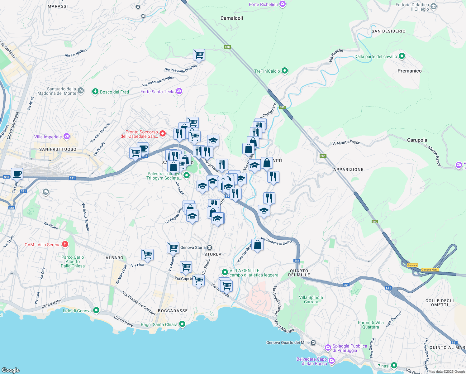 map of restaurants, bars, coffee shops, grocery stores, and more near 123 Via Borgoratti in Genoa