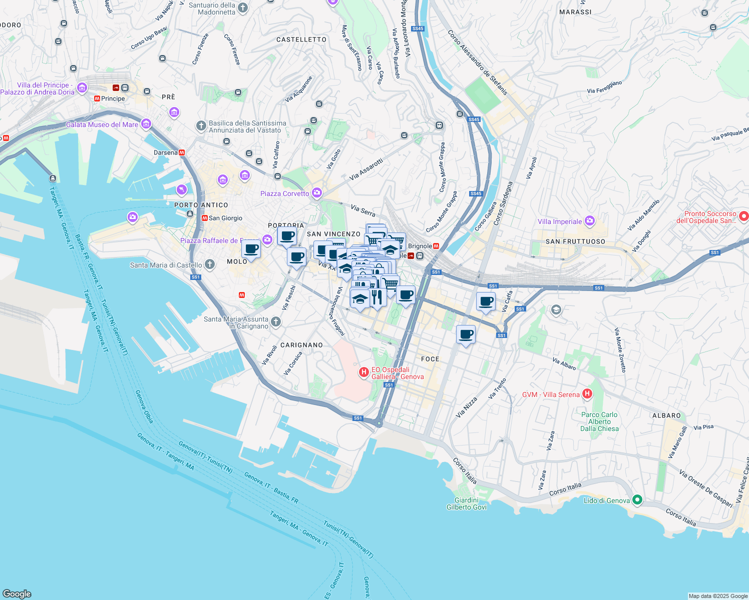 map of restaurants, bars, coffee shops, grocery stores, and more near 38 Via Granello in Genova