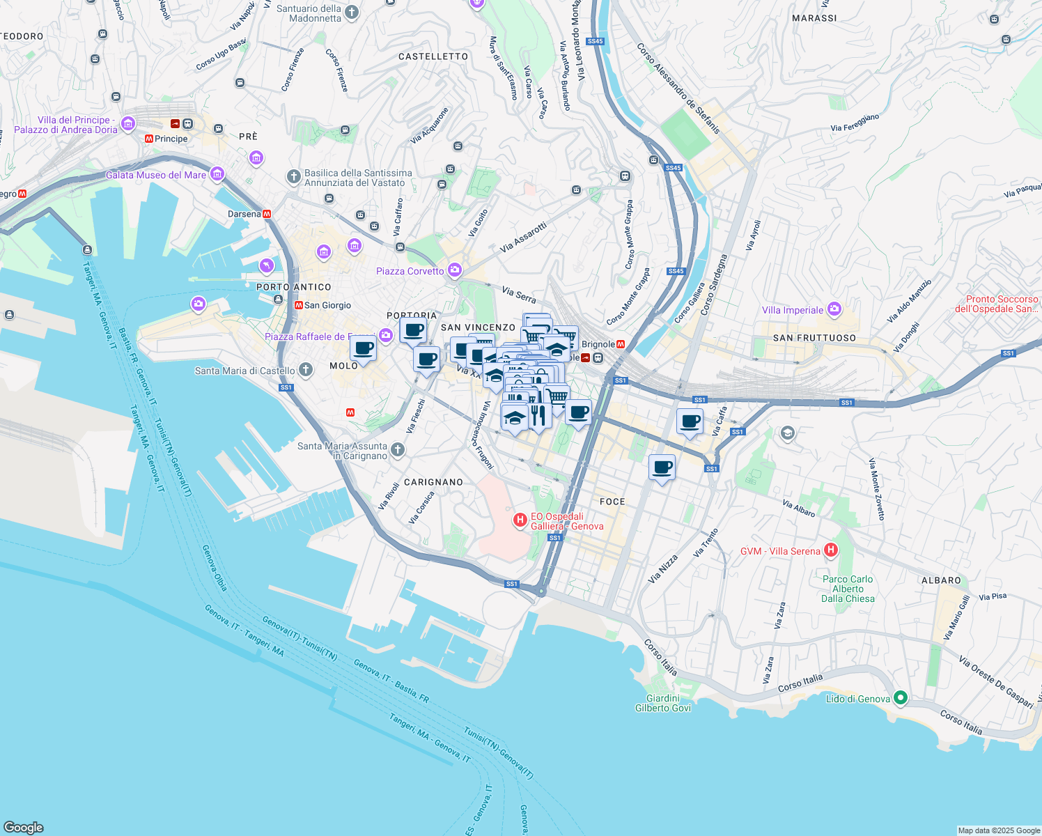 map of restaurants, bars, coffee shops, grocery stores, and more near 34-38 Via Granello in Genova
