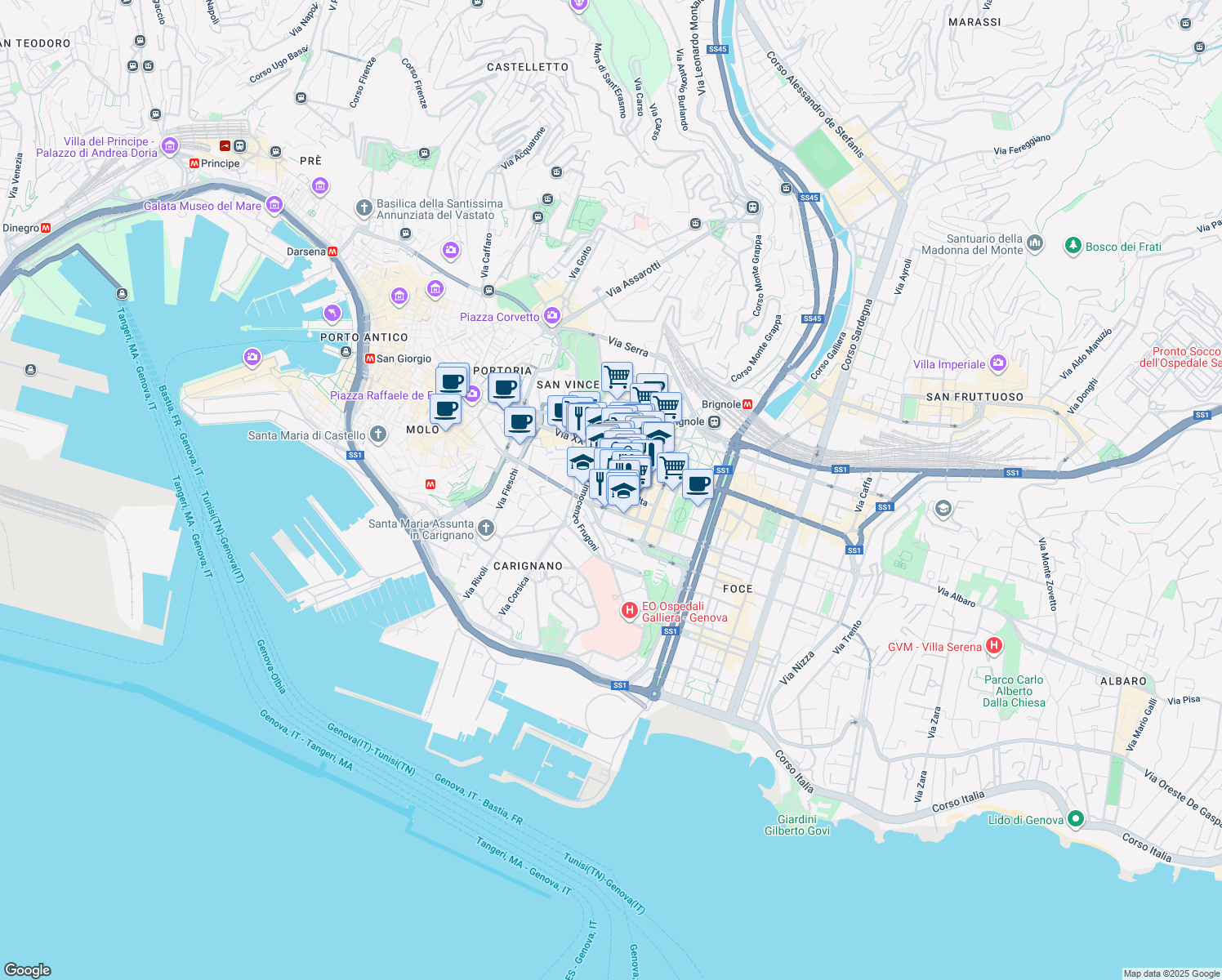 map of restaurants, bars, coffee shops, grocery stores, and more near Via Francesco Ponte in Genova