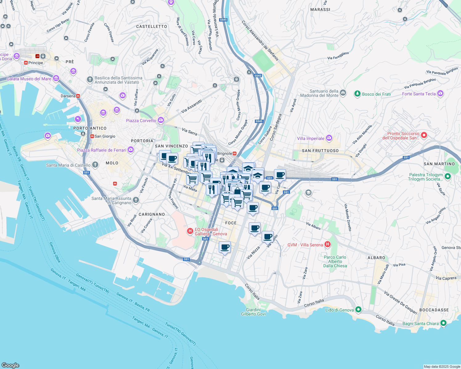 map of restaurants, bars, coffee shops, grocery stores, and more near 2009 Viale Emanuele Filiberto Duca d'Aosta in Genova