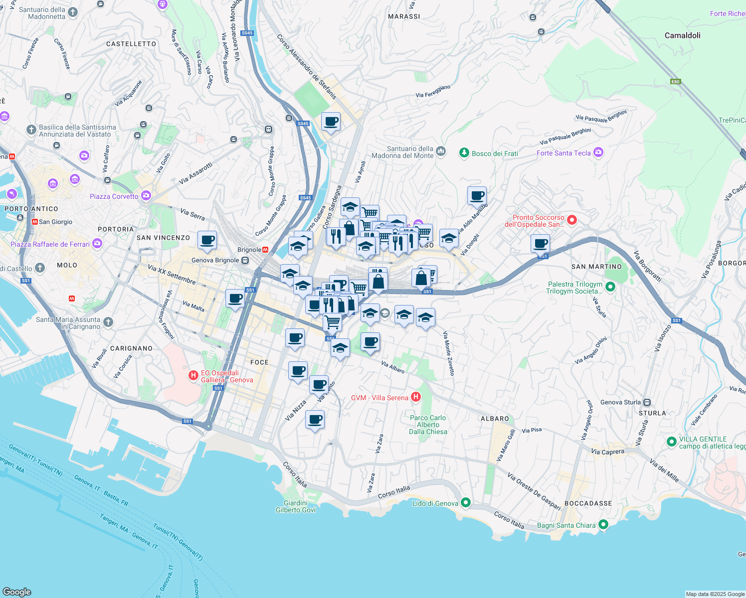 map of restaurants, bars, coffee shops, grocery stores, and more near 12 Via Francesco Dassori in Genova
