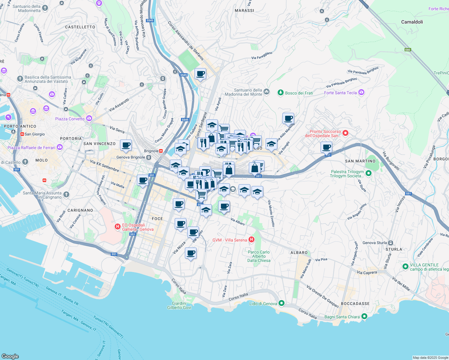 map of restaurants, bars, coffee shops, grocery stores, and more near 12 Via Francesco Dassori in Genova