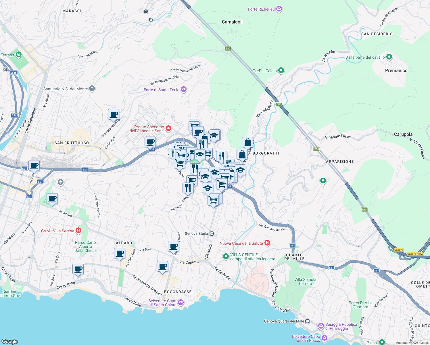 map of restaurants, bars, coffee shops, grocery stores, and more near 318 Corso Europa in Genoa
