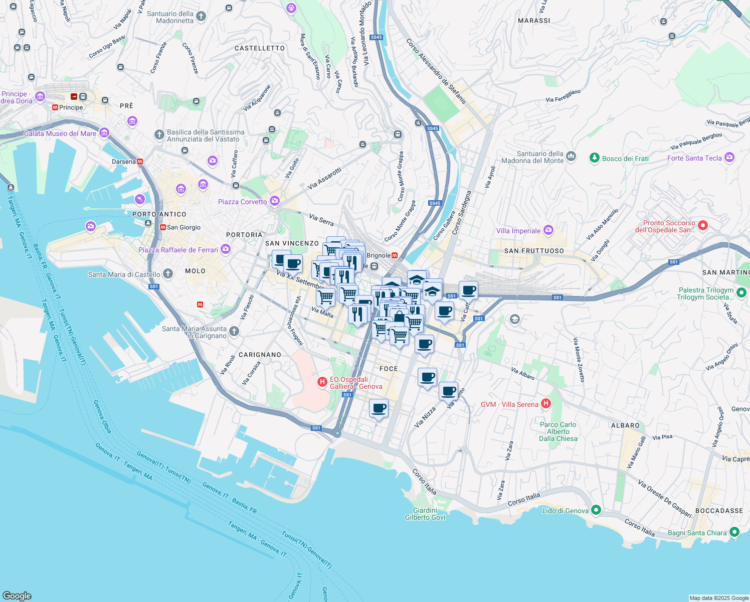 map of restaurants, bars, coffee shops, grocery stores, and more near 2009 Viale Emanuele Filiberto Duca d'Aosta in Genova