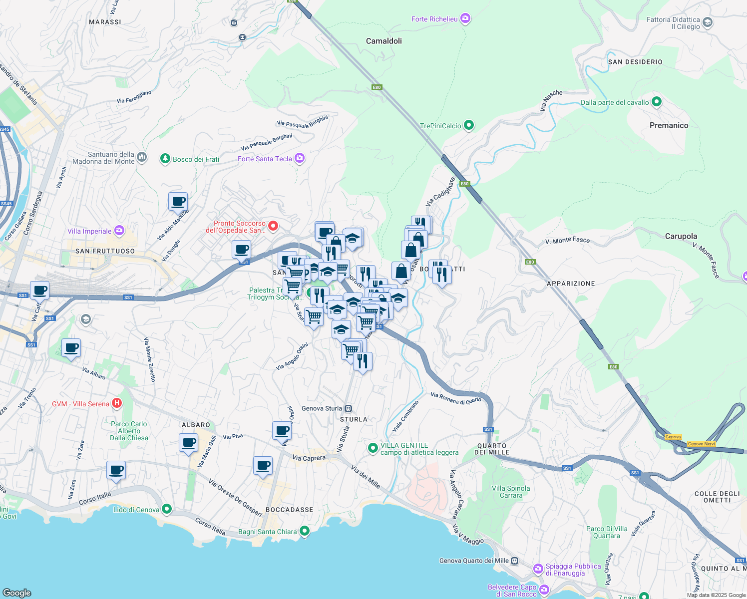 map of restaurants, bars, coffee shops, grocery stores, and more near 123 Via Borgoratti in Genoa