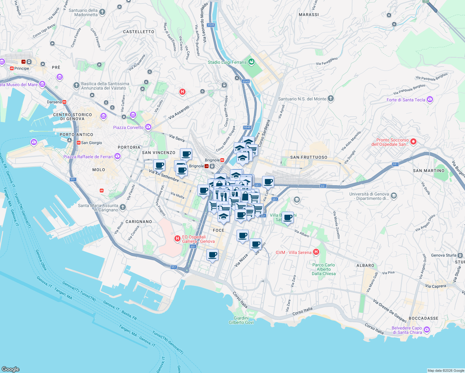 map of restaurants, bars, coffee shops, grocery stores, and more near 38 Via Giovanni Tomaso Invrea in Genoa