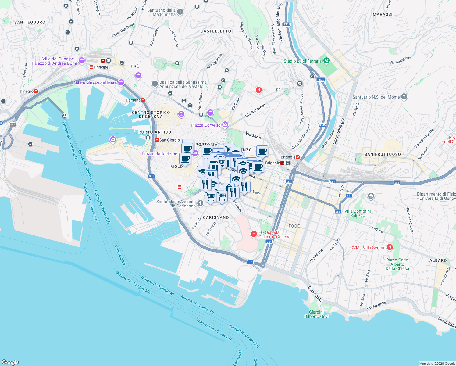 map of restaurants, bars, coffee shops, grocery stores, and more near Galleria Cristoforo Colombo in Genova
