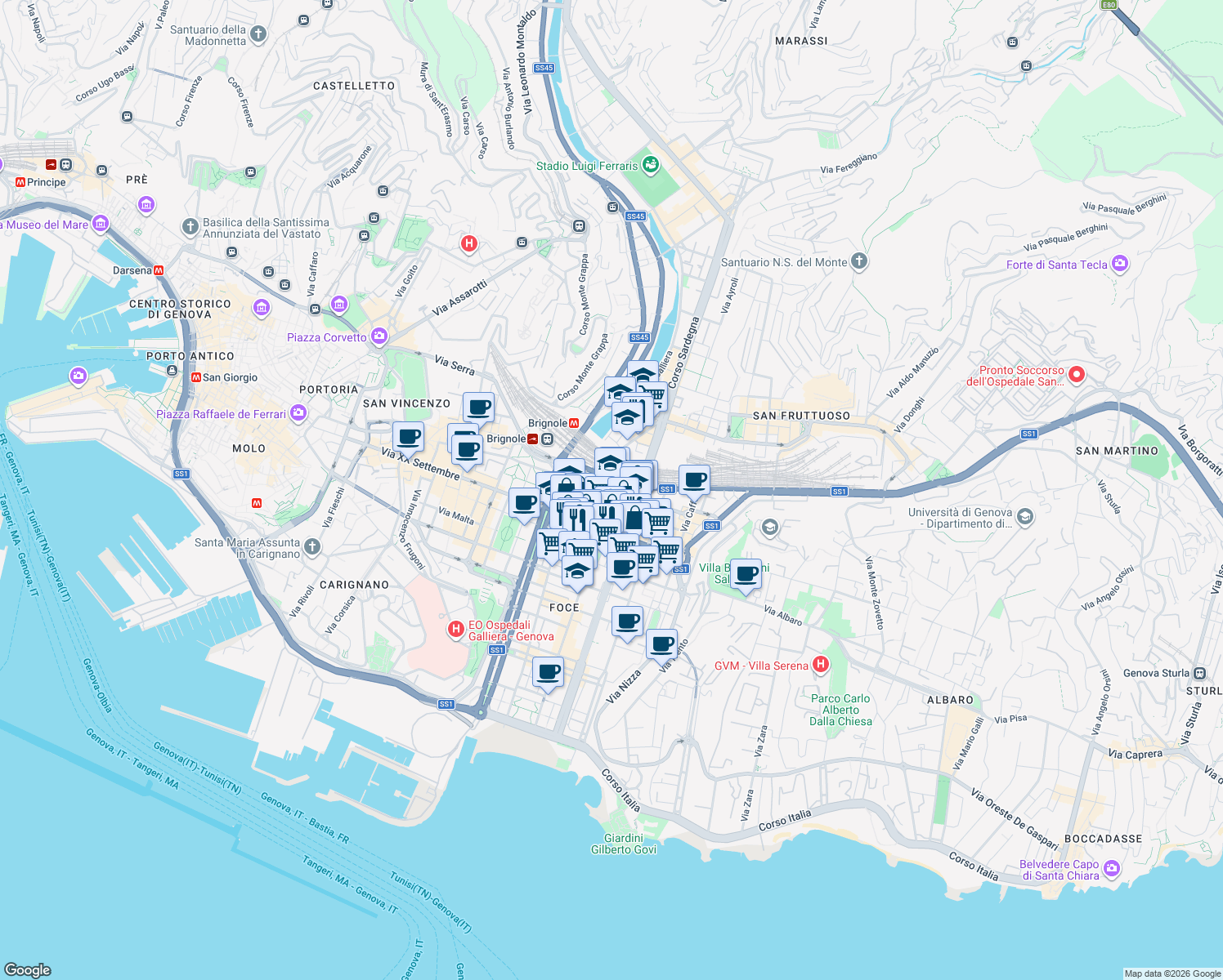 map of restaurants, bars, coffee shops, grocery stores, and more near 38 Via Giovanni Tommaso Invrea in Genova