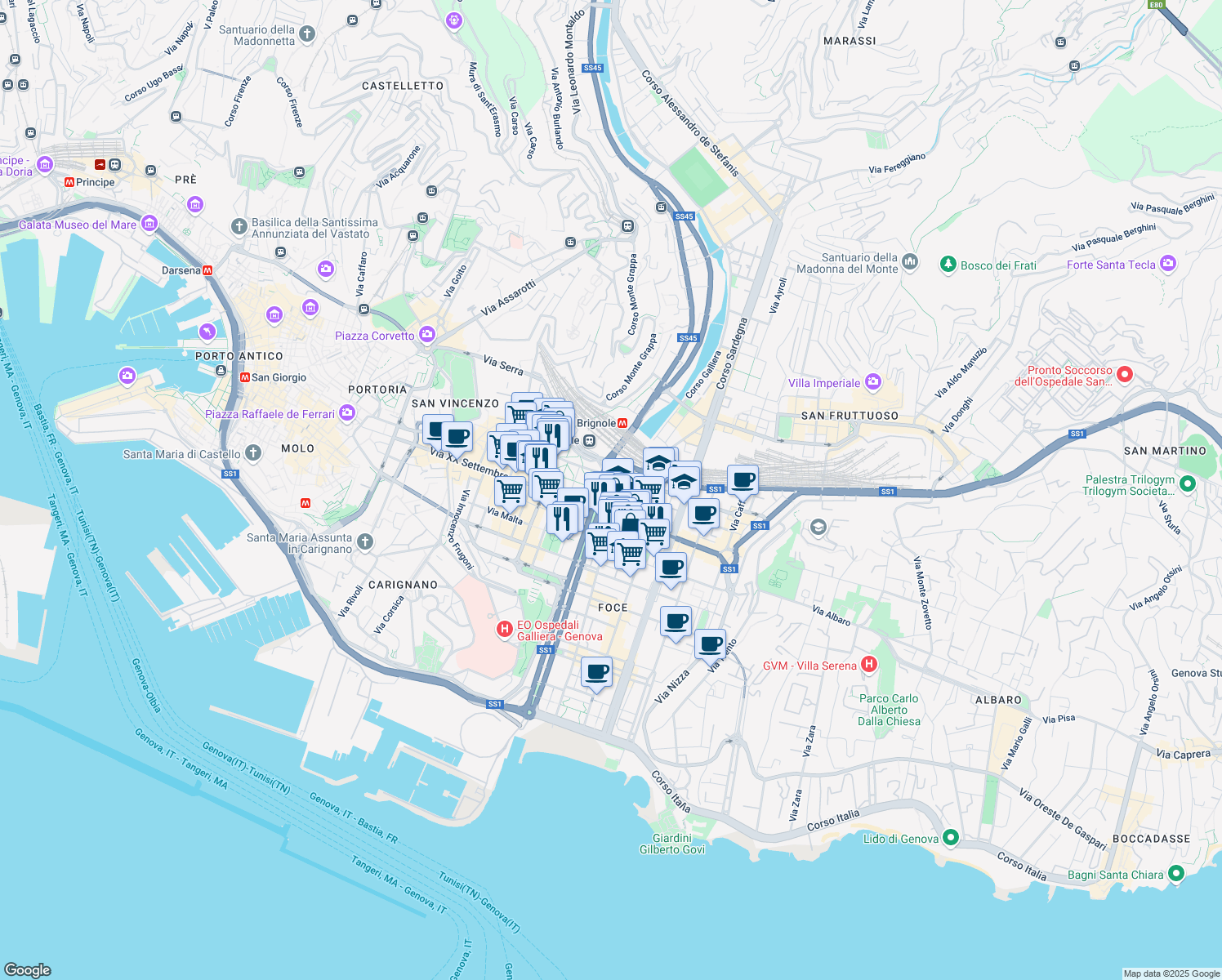 map of restaurants, bars, coffee shops, grocery stores, and more near 2009 Viale Emanuele Filiberto Duca d'Aosta in Genova
