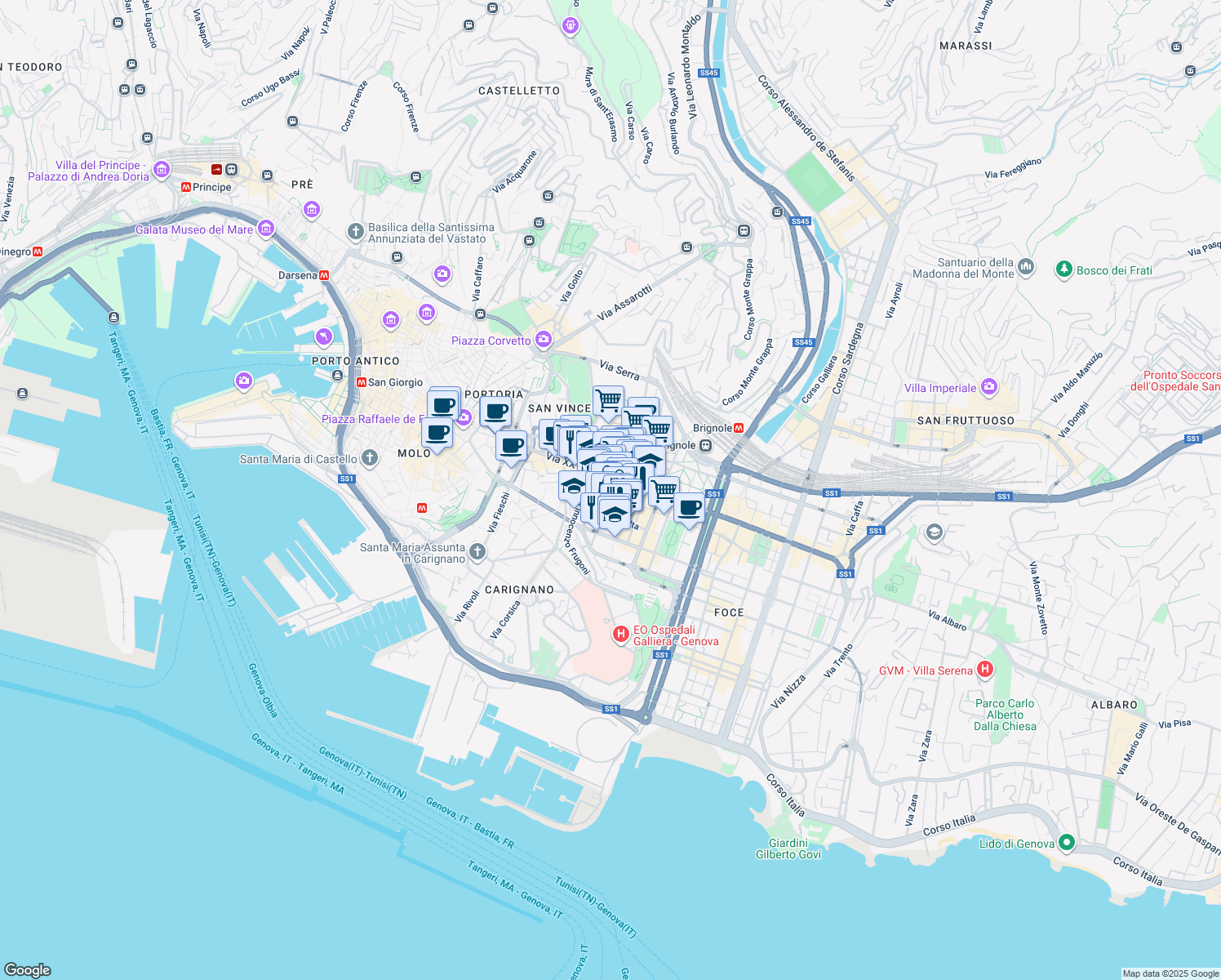 map of restaurants, bars, coffee shops, grocery stores, and more near Via Francesco Ponte in Genova