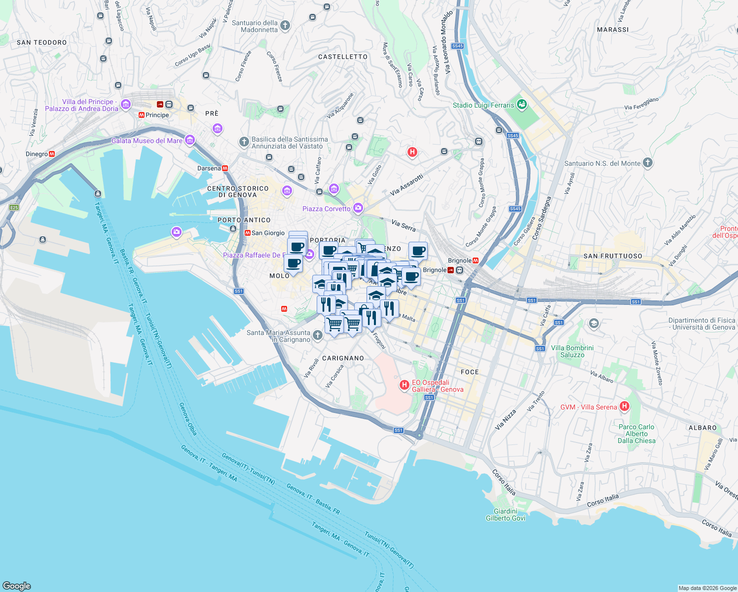 map of restaurants, bars, coffee shops, grocery stores, and more near Galleria Colombo Cristoforo in Genoa