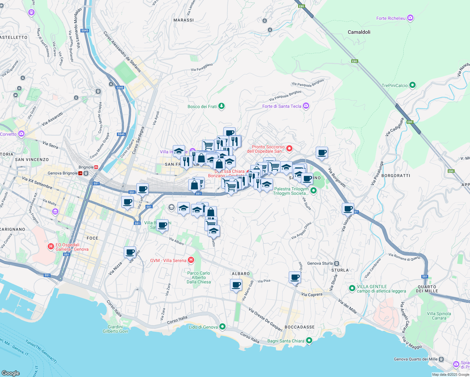 map of restaurants, bars, coffee shops, grocery stores, and more near 195 Corso Aldo Gastaldi in Genova