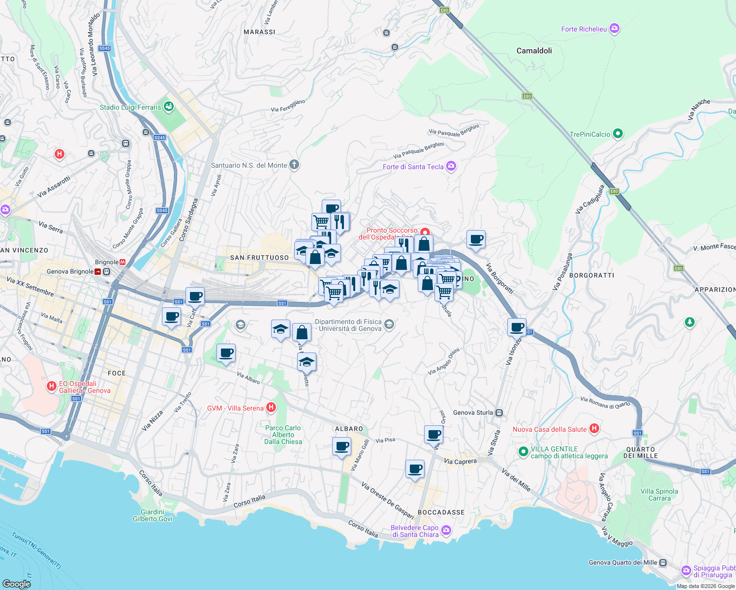 map of restaurants, bars, coffee shops, grocery stores, and more near 25 Via San Martino in Genova