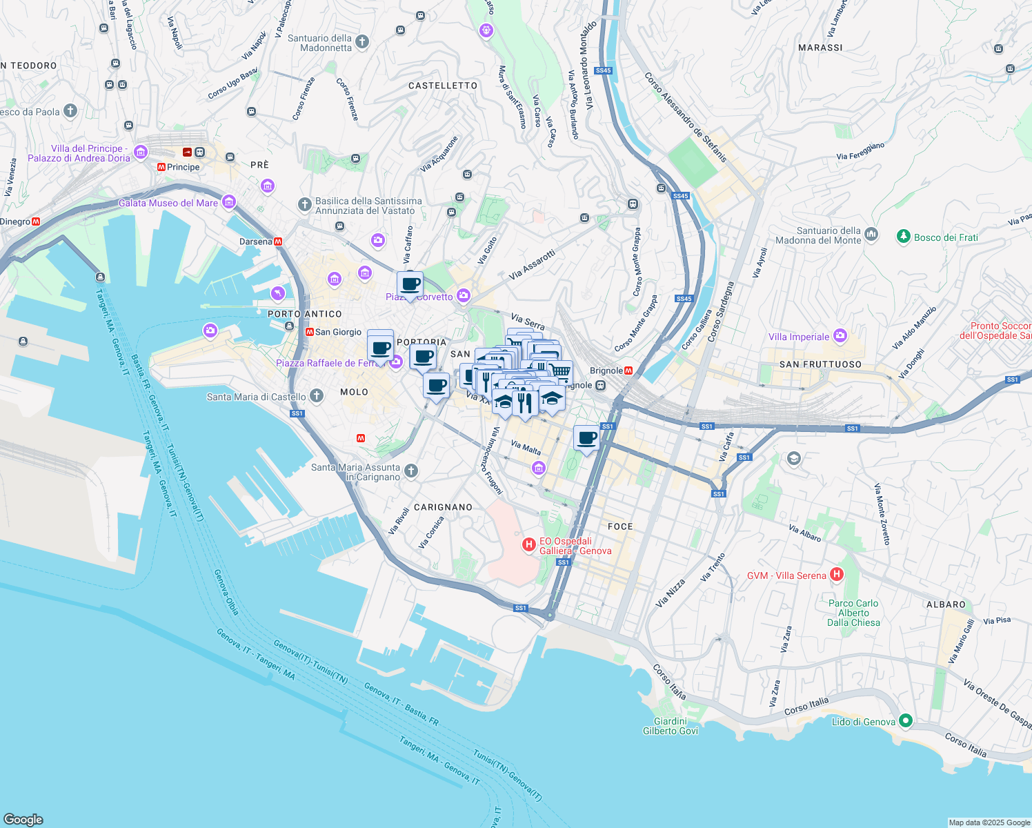 map of restaurants, bars, coffee shops, grocery stores, and more near 16 Via della Consolazione in Genova