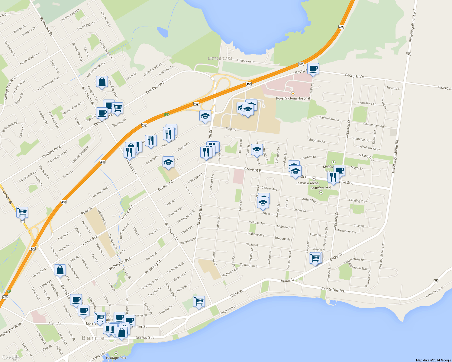 map of restaurants, bars, coffee shops, grocery stores, and more near 35 Davies Crescent in Barrie