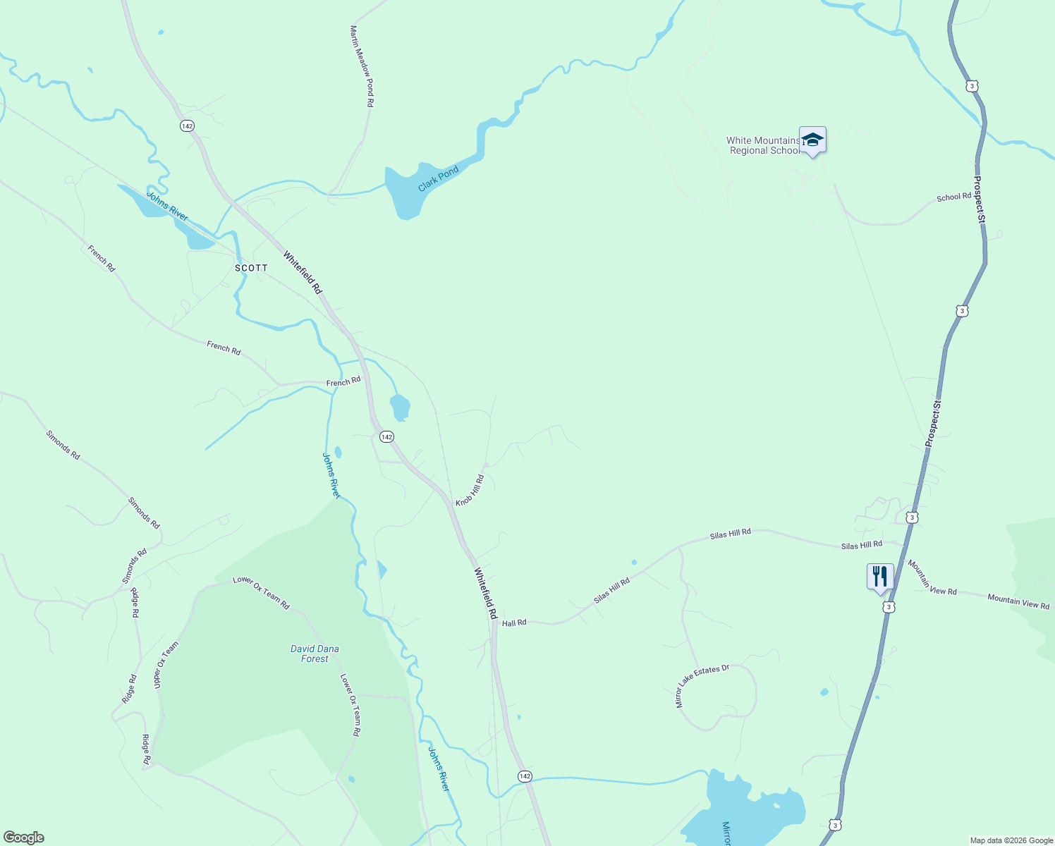 map of restaurants, bars, coffee shops, grocery stores, and more near 47 Knob Hill Road in Whitefield