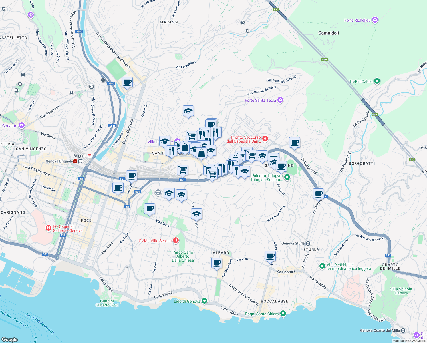 map of restaurants, bars, coffee shops, grocery stores, and more near 2 Viale Benedetto XV in Genova