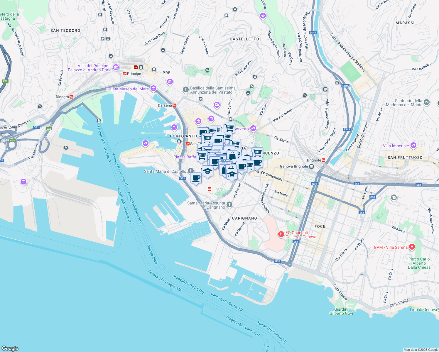 map of restaurants, bars, coffee shops, grocery stores, and more near 1 Via Dante in Genova