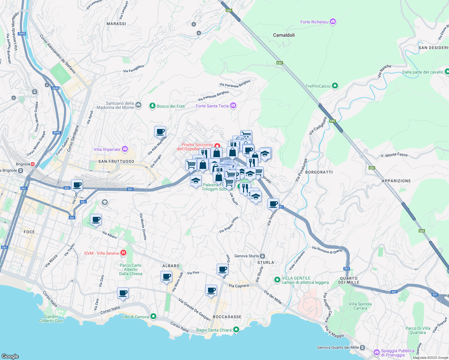 map of restaurants, bars, coffee shops, grocery stores, and more near 16 Via Silvio Lagustena in Genova