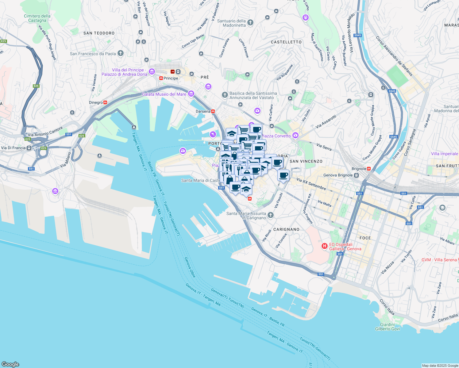 map of restaurants, bars, coffee shops, grocery stores, and more near 15 Salita Santa Maria di Castello in Genova