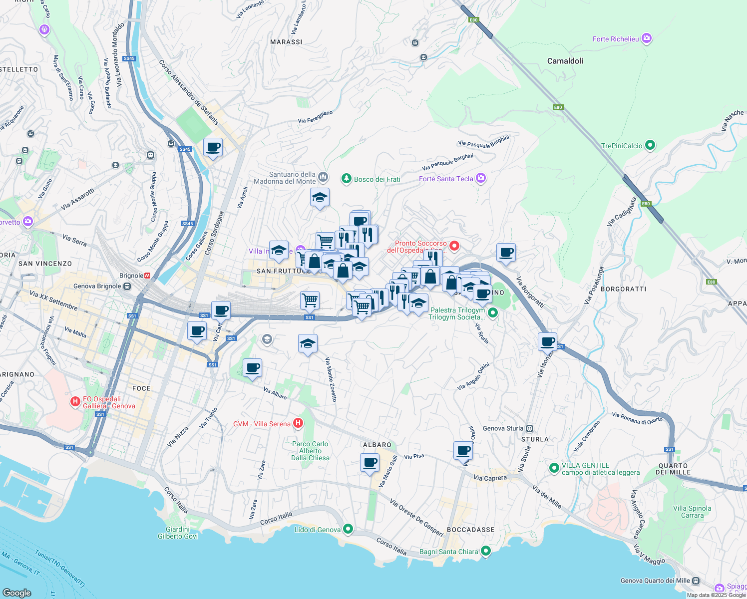 map of restaurants, bars, coffee shops, grocery stores, and more near 2 Viale Benedetto XV in Genova