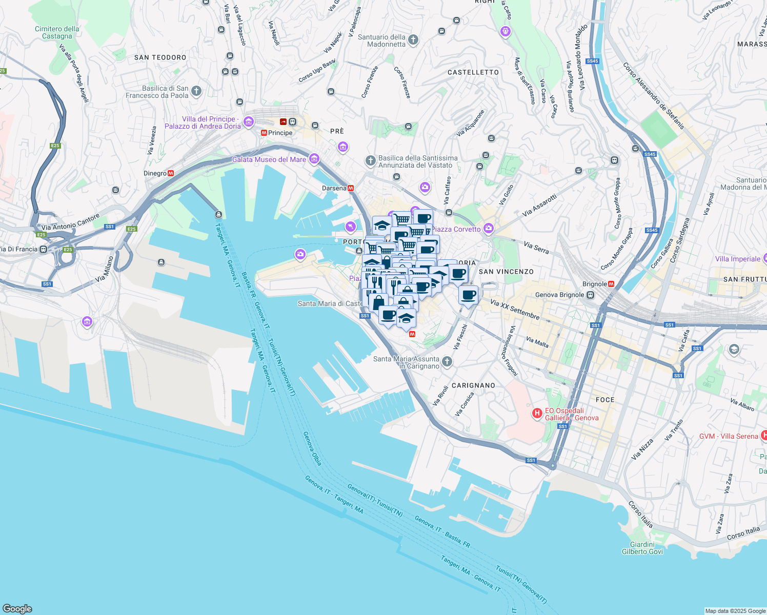 map of restaurants, bars, coffee shops, grocery stores, and more near 10 Salita alla Torre degli Embriaci in Genova