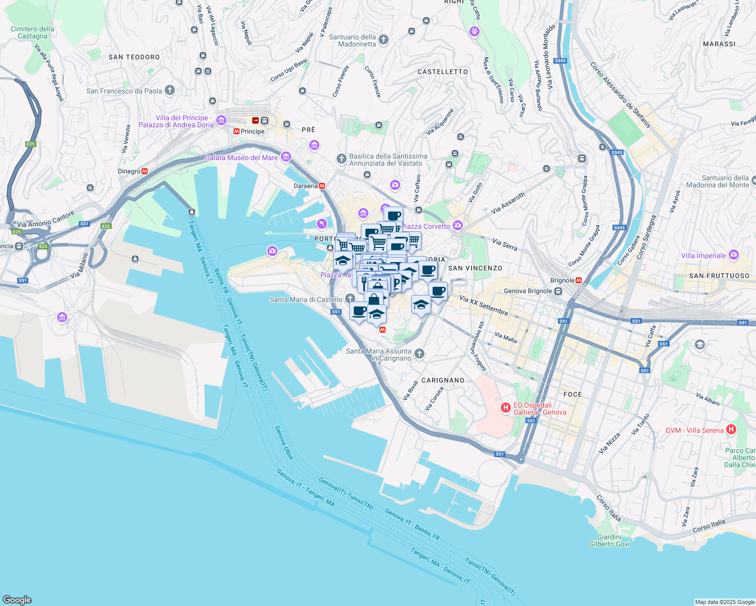 map of restaurants, bars, coffee shops, grocery stores, and more near 58 Via San Donato in Genova