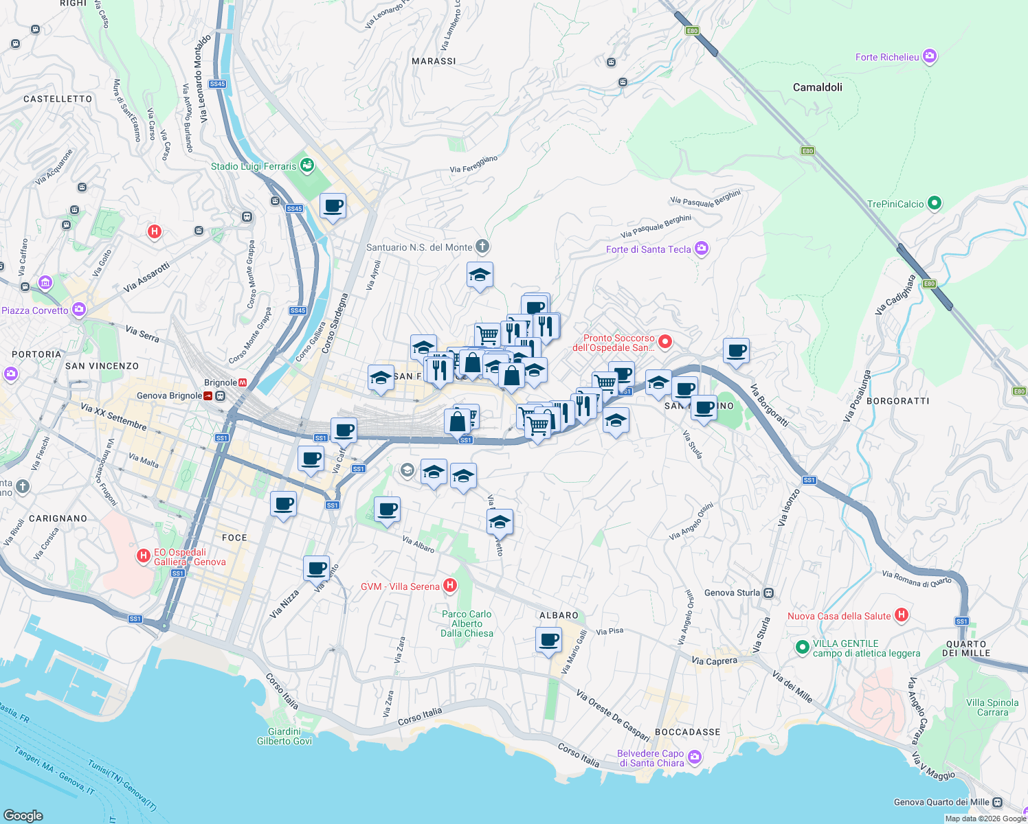 map of restaurants, bars, coffee shops, grocery stores, and more near 117 Via Giovanni Torti in Genoa