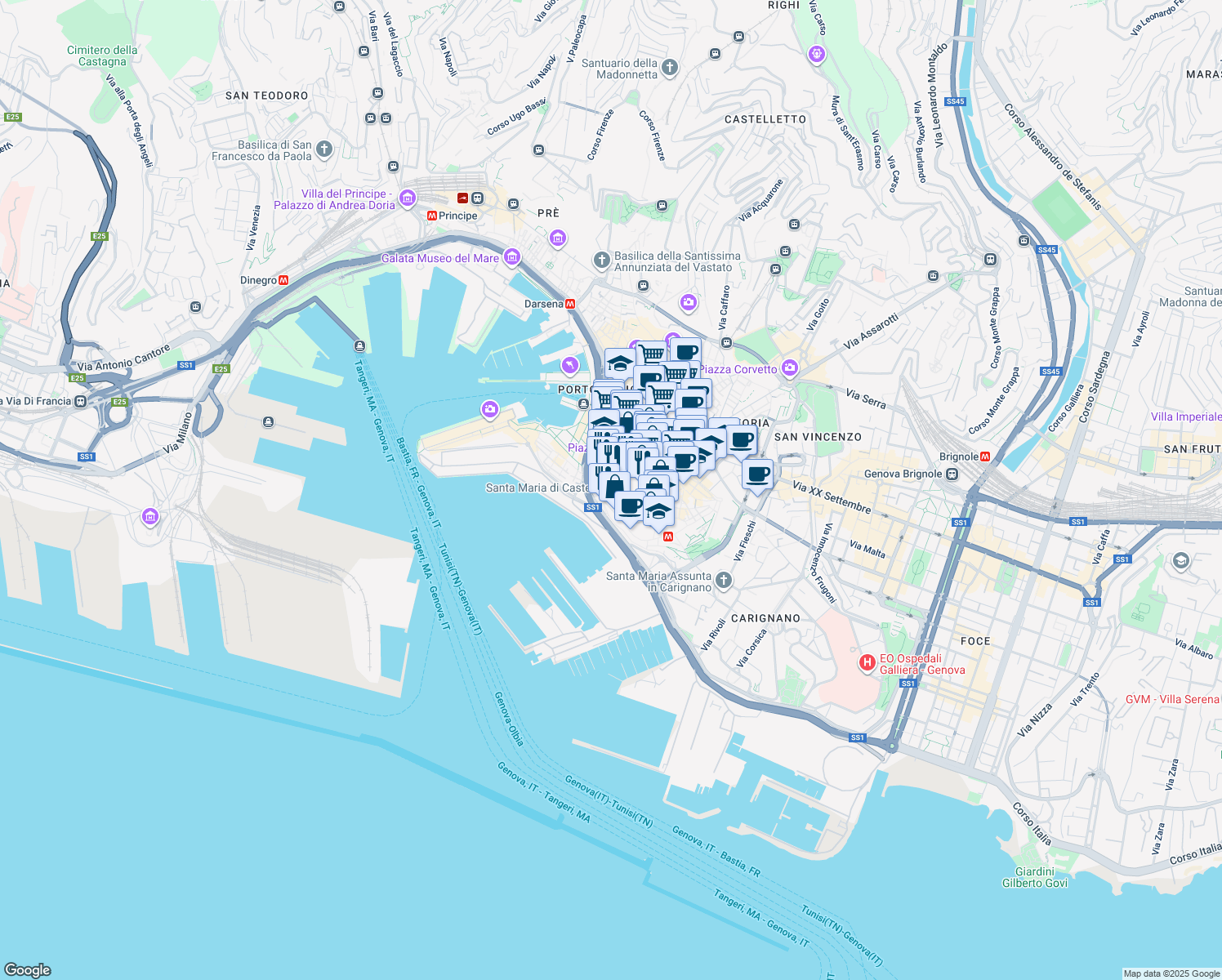 map of restaurants, bars, coffee shops, grocery stores, and more near 10 Salita alla Torre degli Embriaci in Genova