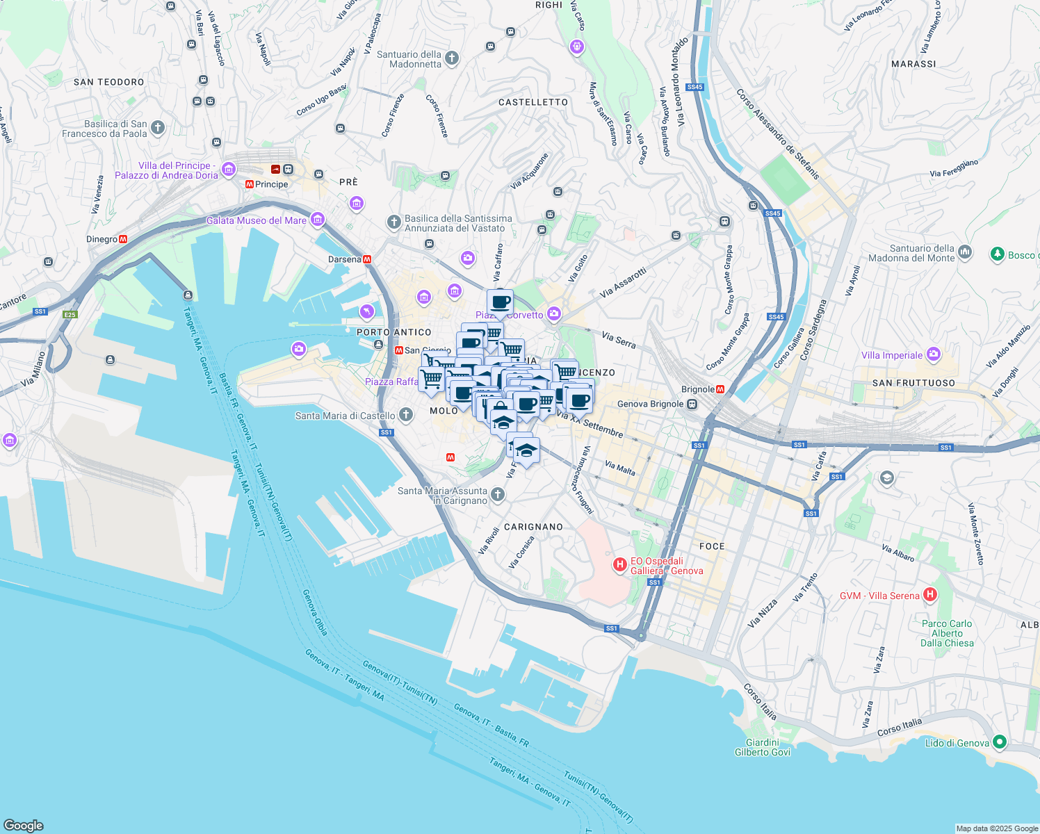 map of restaurants, bars, coffee shops, grocery stores, and more near Vico Dritto di Ponticello in Genova