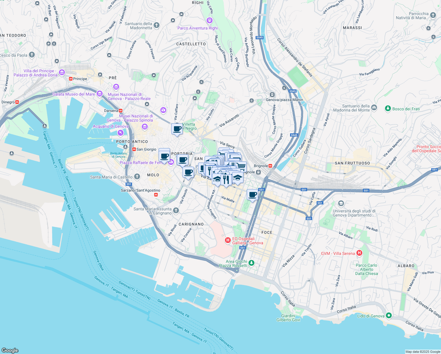 map of restaurants, bars, coffee shops, grocery stores, and more near 16 Via della Consolazione in Genova