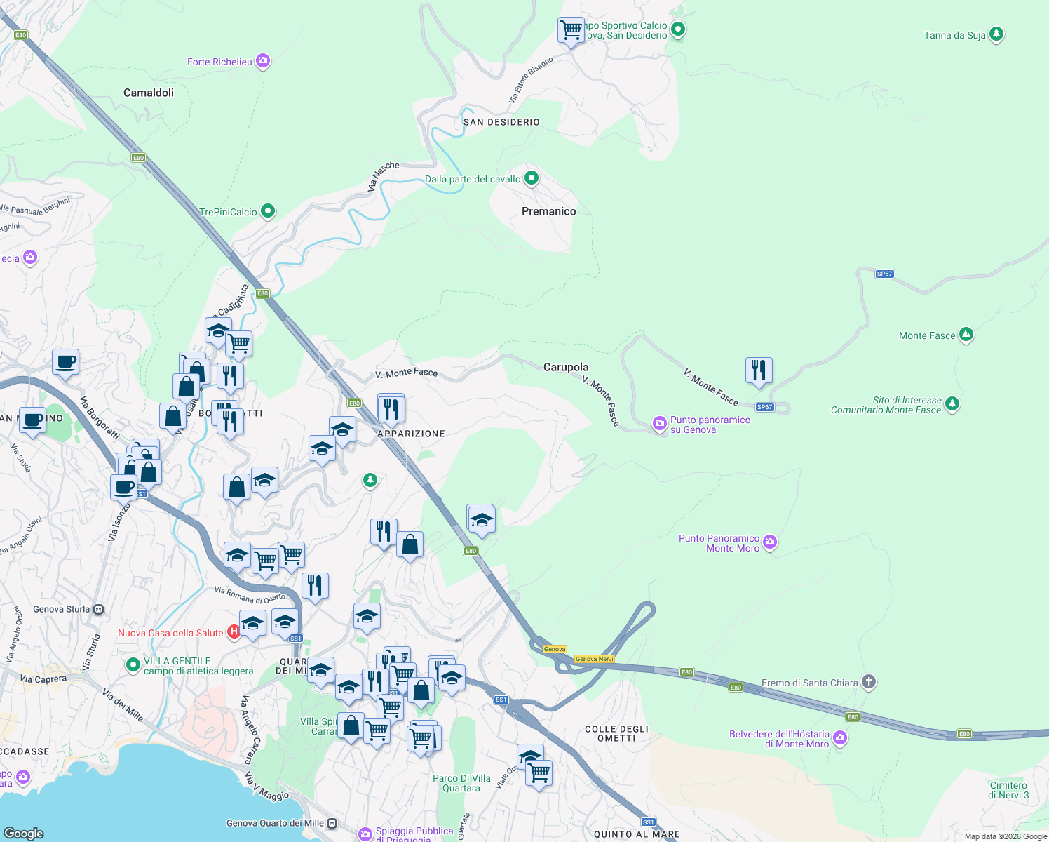 map of restaurants, bars, coffee shops, grocery stores, and more near Via Lanfranco Alberico in Genoa