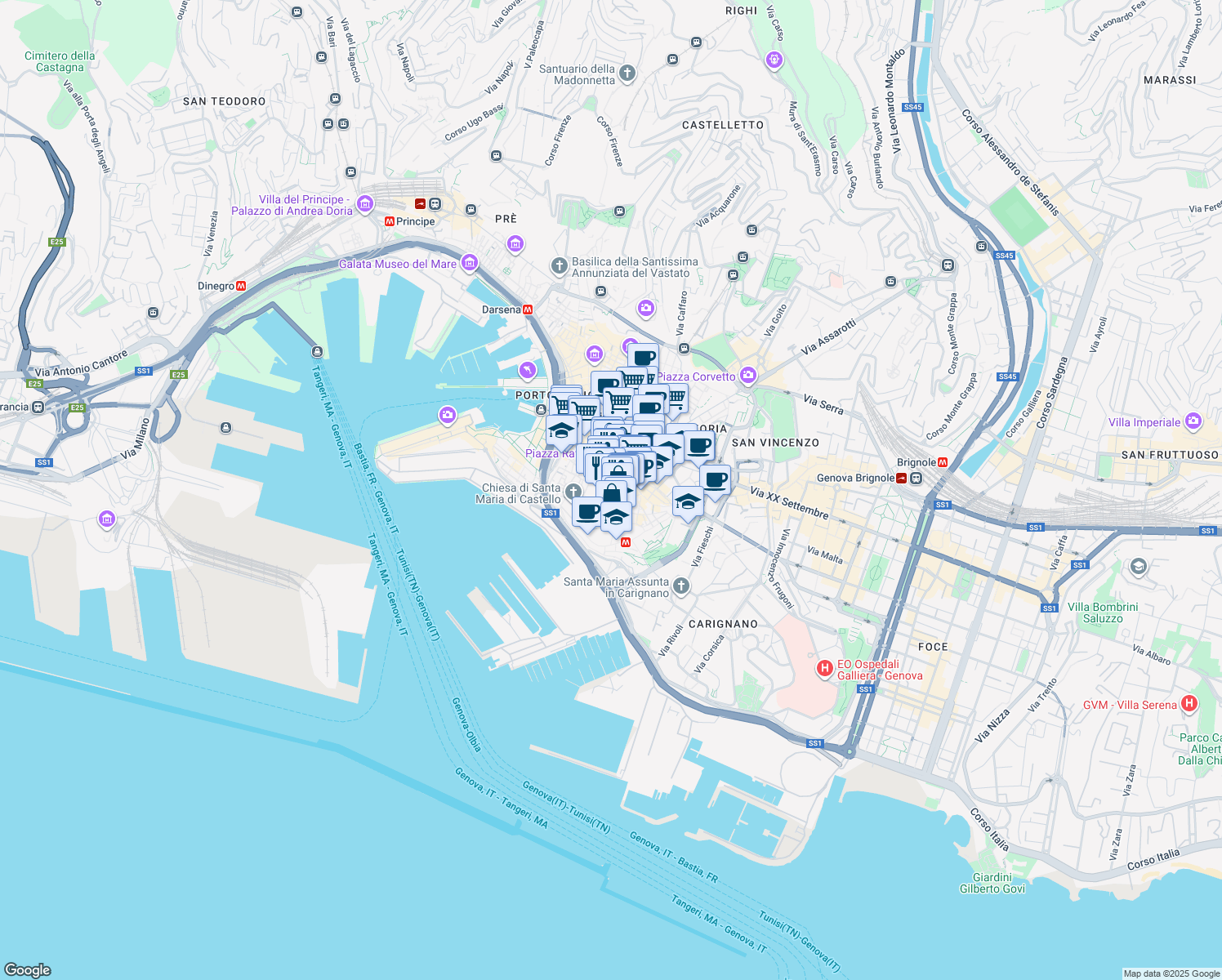map of restaurants, bars, coffee shops, grocery stores, and more near 58 Via San Donato in Genova