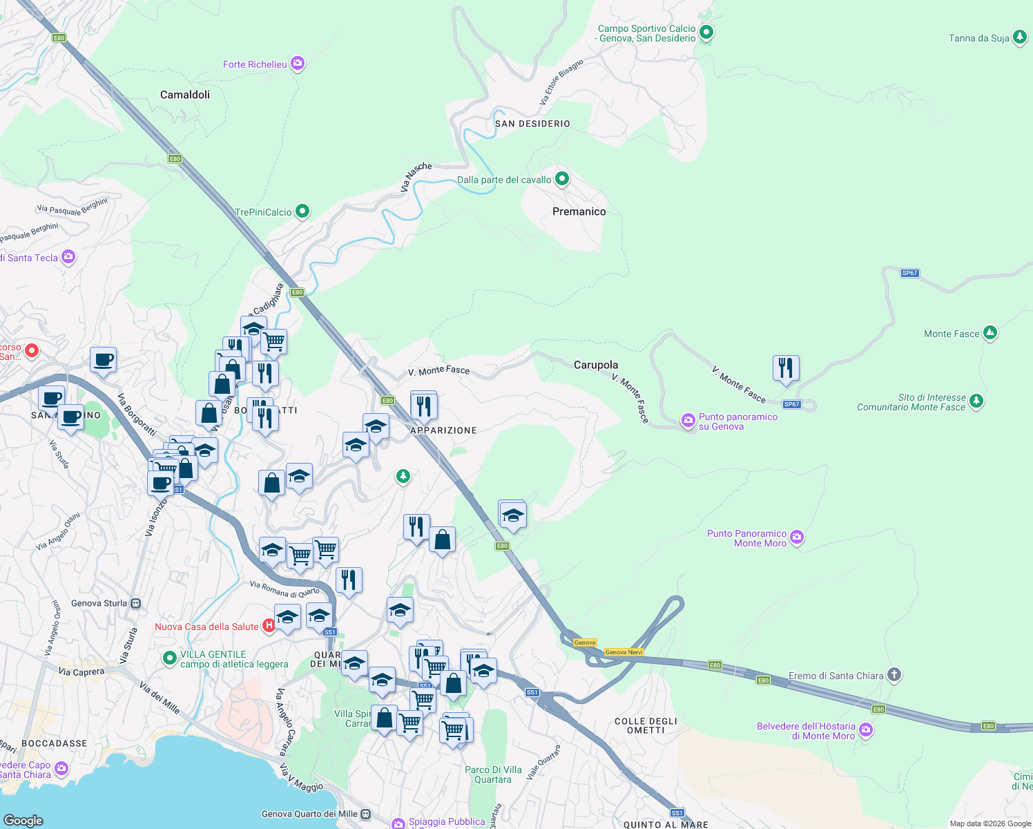 map of restaurants, bars, coffee shops, grocery stores, and more near Via Lanfranco Alberico in Genova