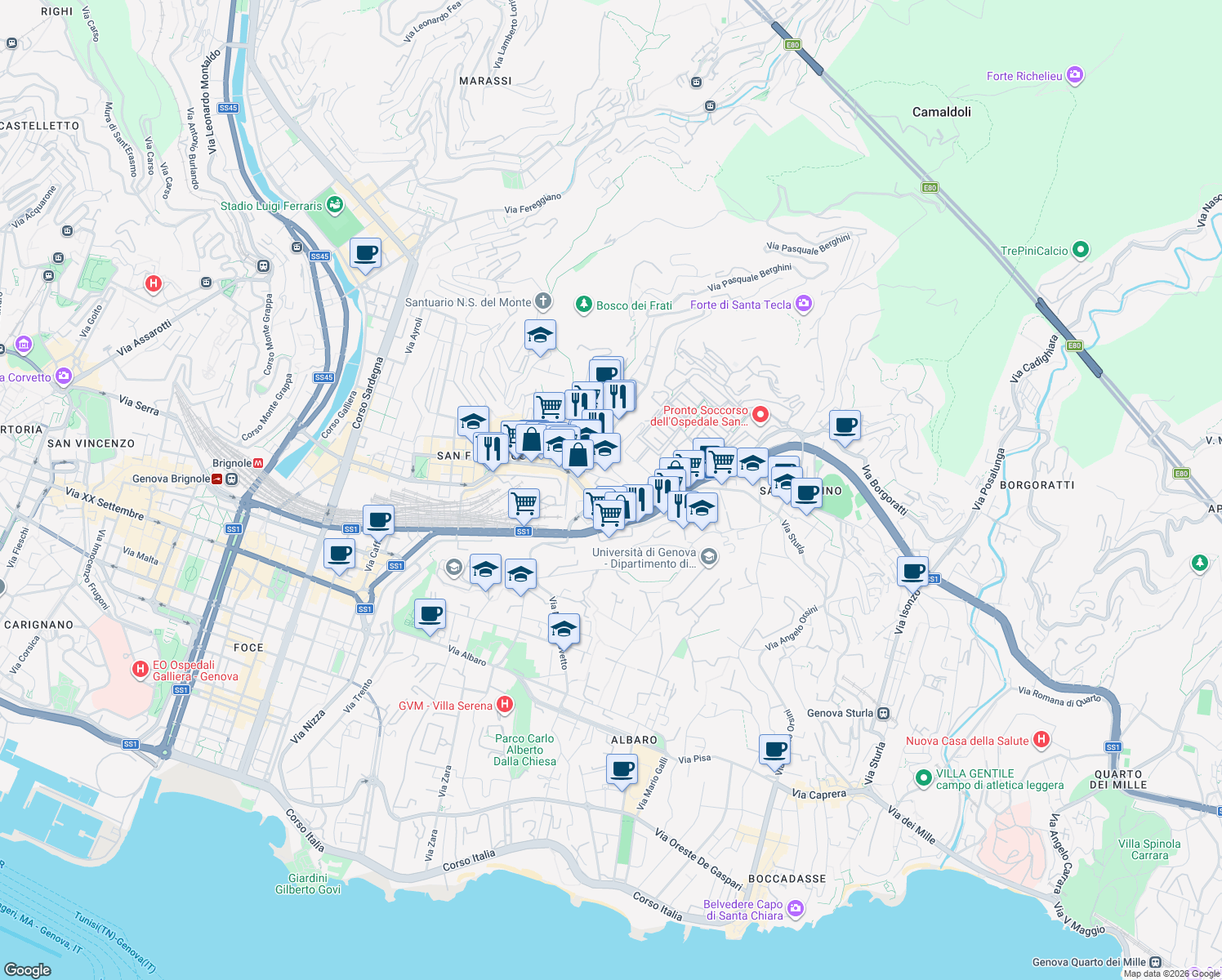 map of restaurants, bars, coffee shops, grocery stores, and more near 2 Viale Benedetto XV in Genova