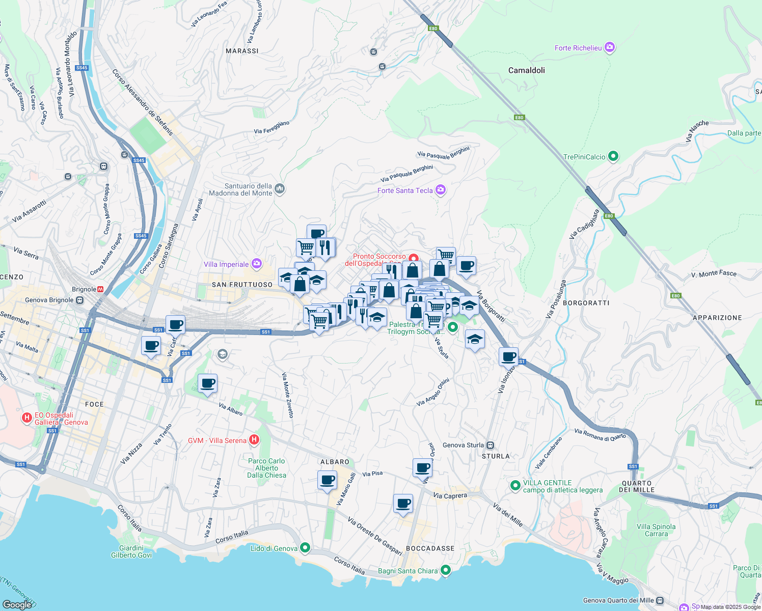 map of restaurants, bars, coffee shops, grocery stores, and more near 47 Via San Martino in Genova