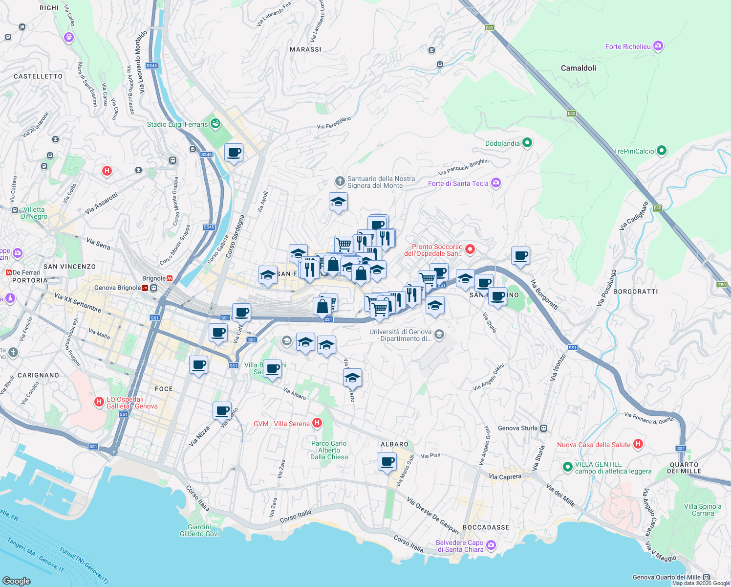 map of restaurants, bars, coffee shops, grocery stores, and more near 117 Via Giovanni Torti in Genoa