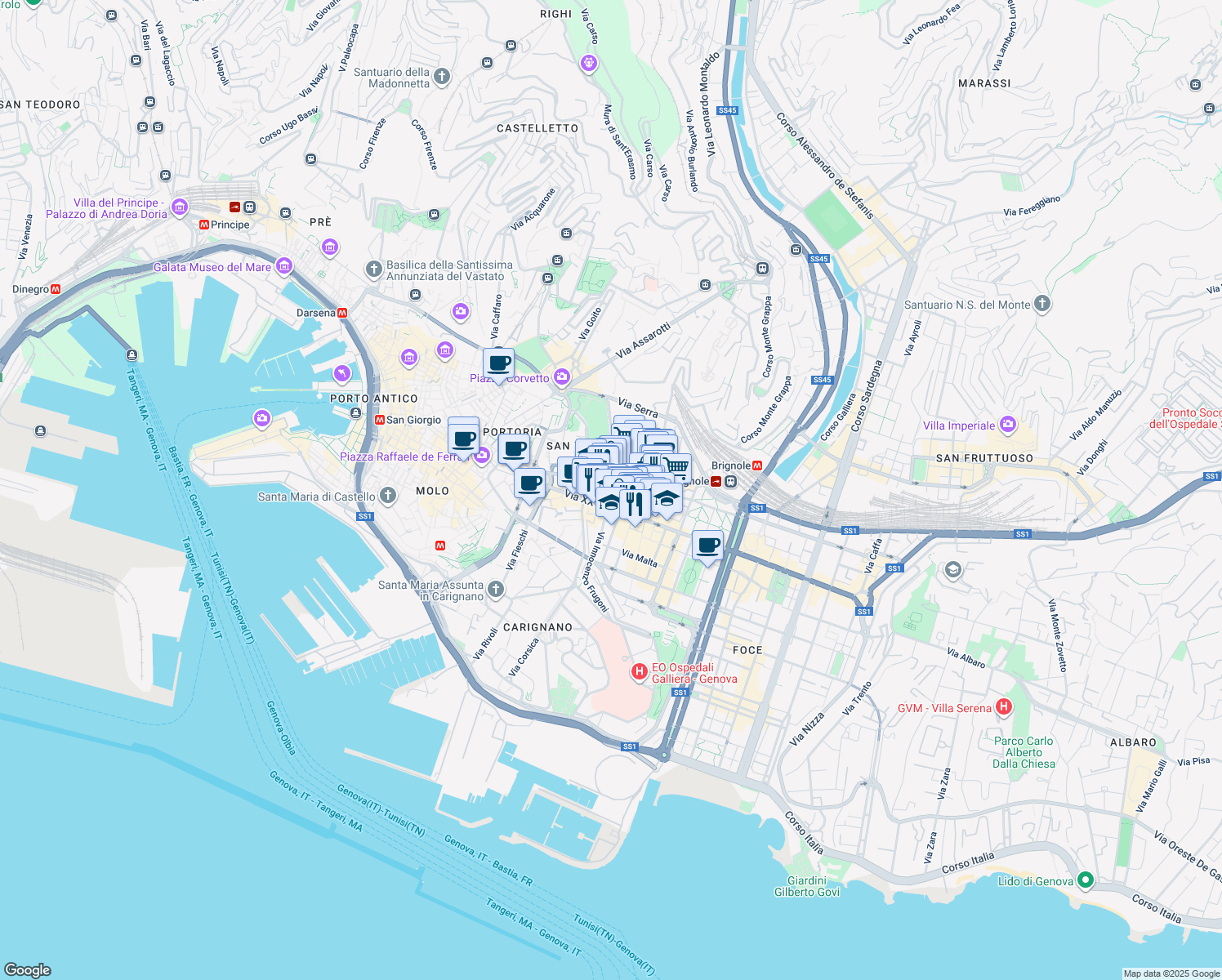map of restaurants, bars, coffee shops, grocery stores, and more near 68 Via San Vincenzo in Genova