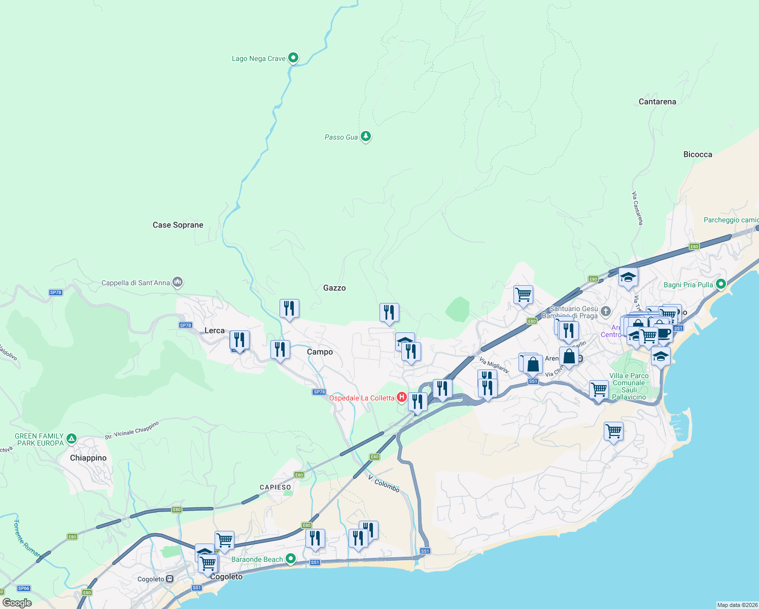 map of restaurants, bars, coffee shops, grocery stores, and more near 24 Via Pecorara in Arenzano