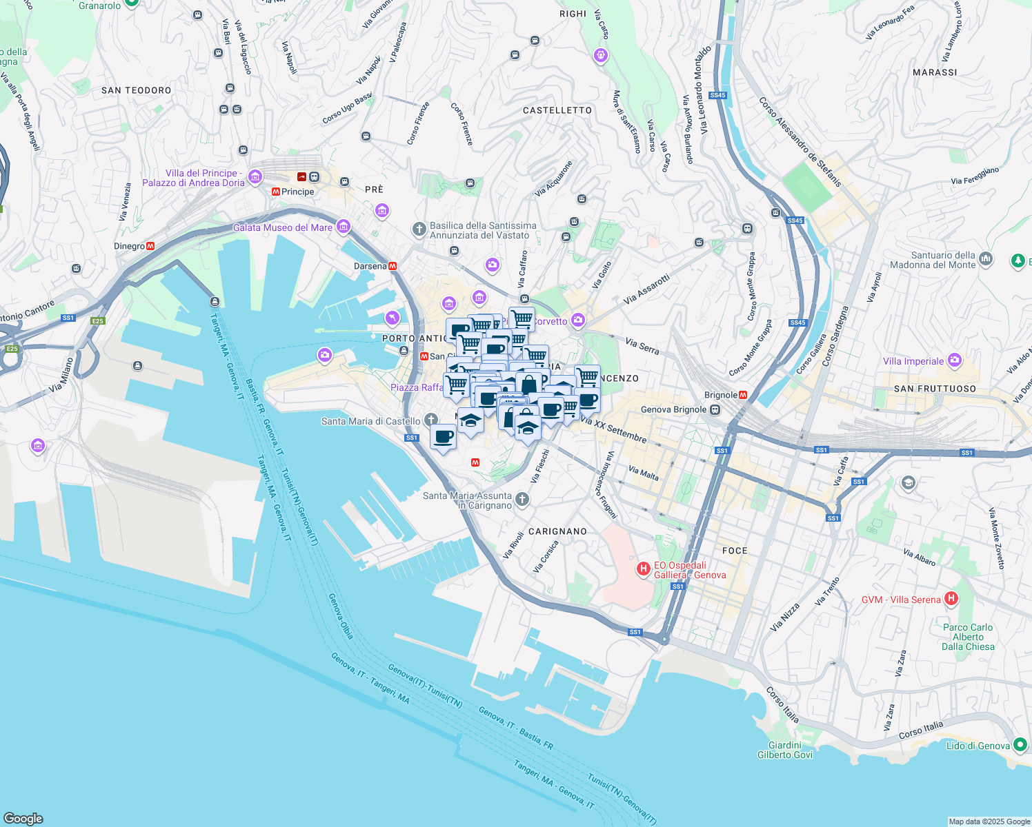 map of restaurants, bars, coffee shops, grocery stores, and more near 1 Via Dante in Genova