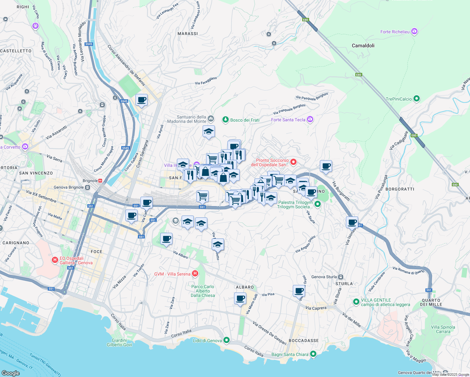 map of restaurants, bars, coffee shops, grocery stores, and more near 2 Viale Benedetto XV in Genova