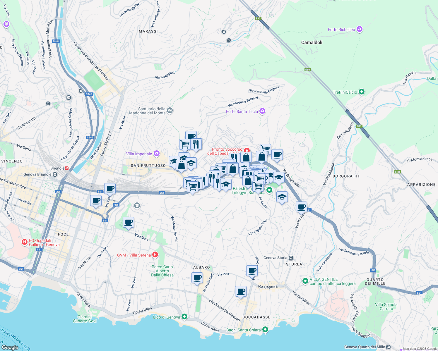 map of restaurants, bars, coffee shops, grocery stores, and more near 43-47 Via San Martino in Genova