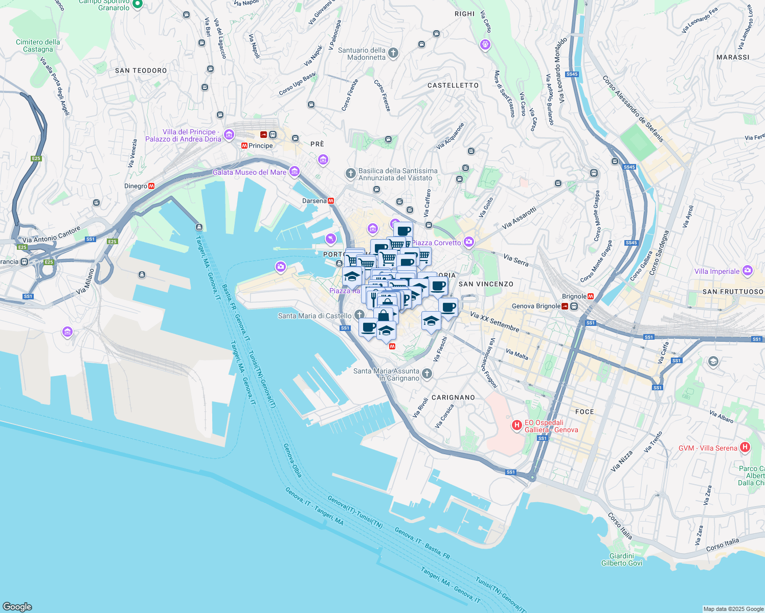 map of restaurants, bars, coffee shops, grocery stores, and more near 58 Via San Donato in Genova