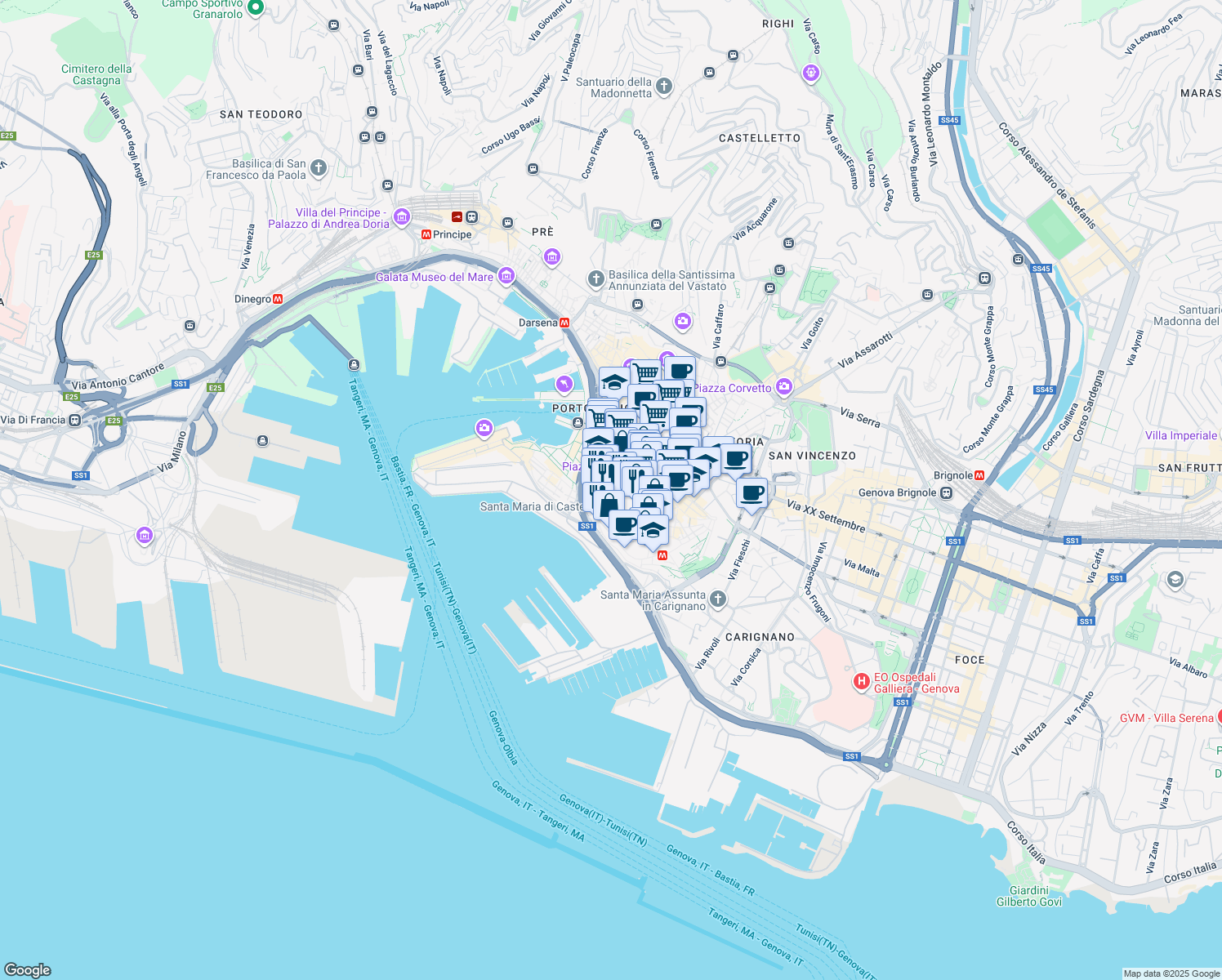 map of restaurants, bars, coffee shops, grocery stores, and more near 21 Via di San Bernardo in Genova